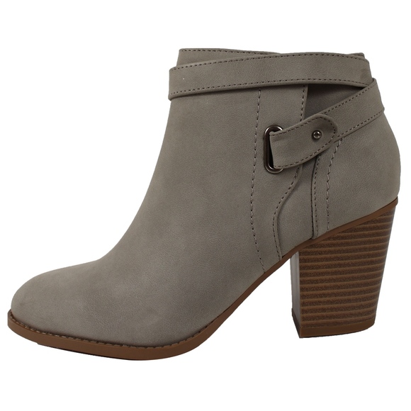 Shoes - Light Grey Faux Nubuck Leather Stacked Heel Boot